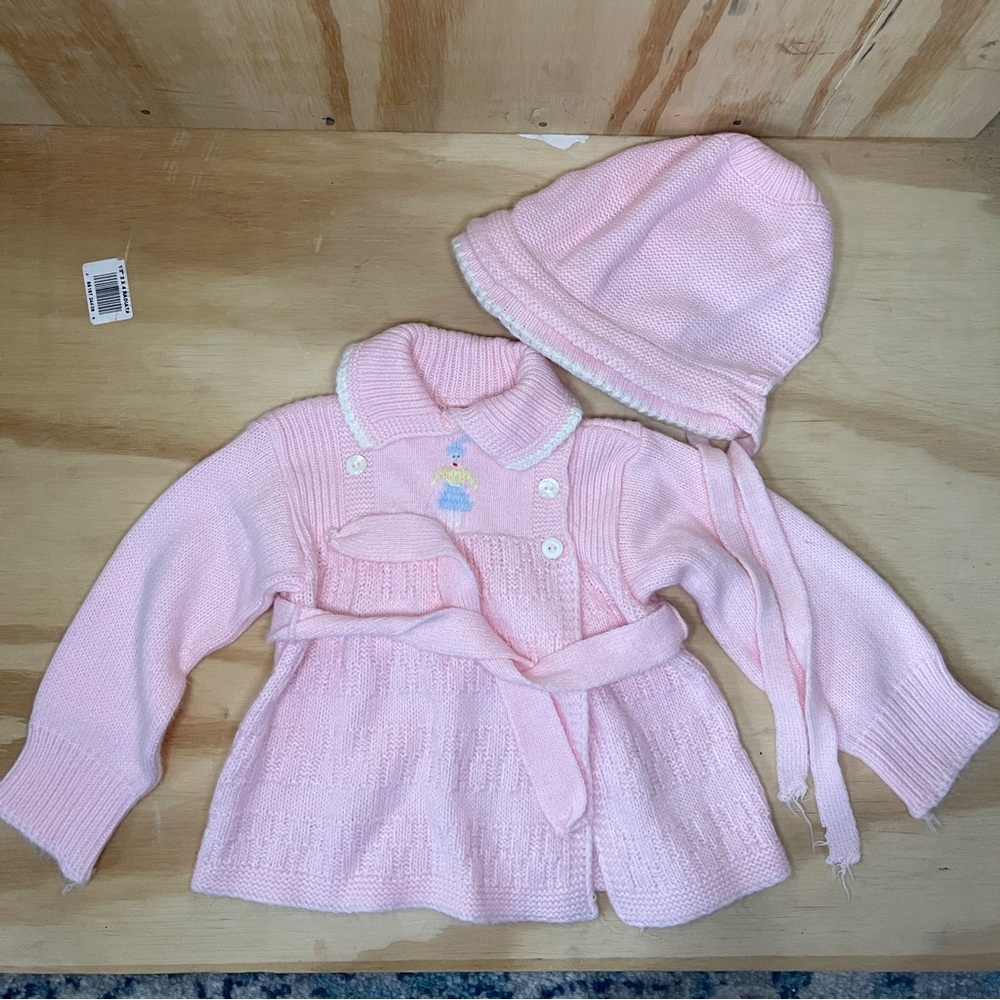 Vintage 90s baby clothes. Julius Berger Pink Knit Baby Sweater and Hat Set